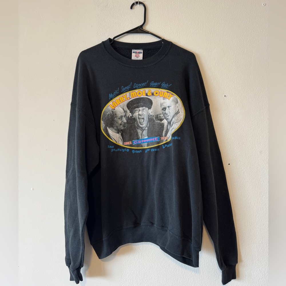 Vintage 3 Stooges Men’s Black Fade Crew Neck Comedy XL